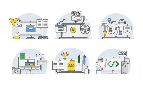 Online Profession with Learning Platform and Computer Interface Display Line Set vector