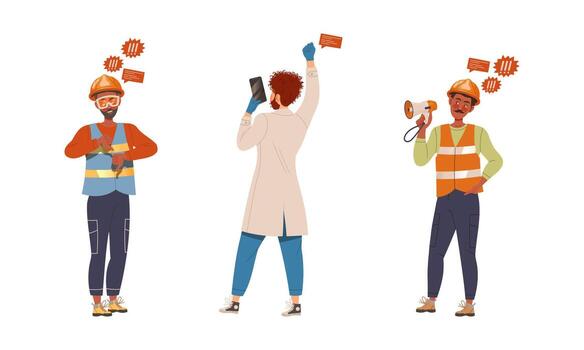 Protesting people of different professions set. Protesters discussing social issues and shouting with megaphone illustration vector