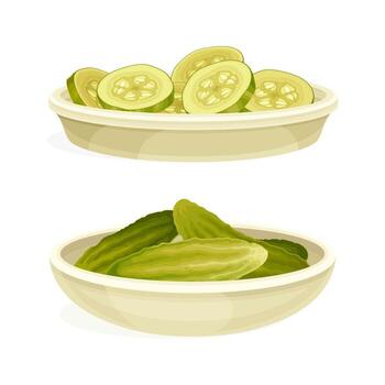 Two bowls of pickles and slices of cucumbers vector
