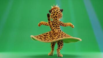 A leopard wearing a crown and dancing on a green screen video