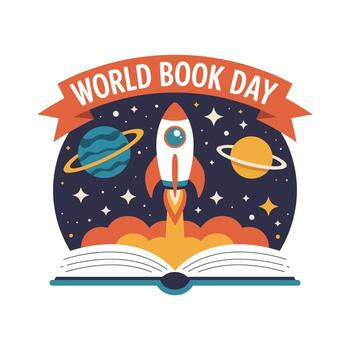 World Book Day illustration with rocket launching from open book, planets and stars, imagination, reading, education, space exploration, learning design vector