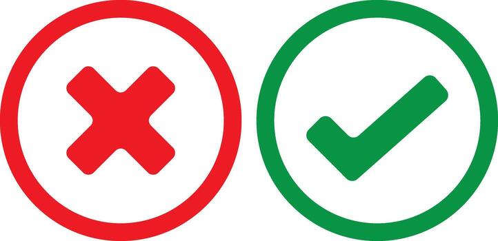 Two circular icons, one red with a cross and one green with a checkmark, representing incorrect and correct choices. vector