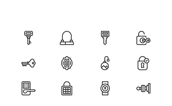 Lock And Security Line Icon Set Minimal Outline Style Illustrations of Padlock, Key, Cyber Safety, Privacy, Authentication, and Data Protection SymbolsLine Icon Collection vector