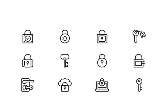 Lock And Security Line Icon Set Modern Outline Linear Style for Privacy, Password Protection, Access Control, Safe Lock, Cybersecurity, and Safety IllustrationsCollection vector