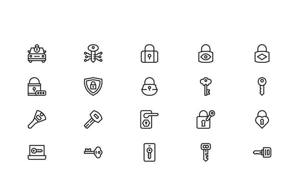 Lock And Security Line Icon Set Minimal Outline Style Illustrations of Padlock, Key, Cyber Safety, Privacy, Authentication, and Data Protection Symbols vector