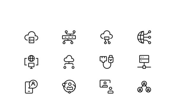 Professional Networking Line Icon Modern Outline Linear Style Pack of WiFi, Connection, Database, Collaboration, Router, Cloud Technology, and Information vector