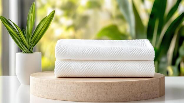 A stack of white towels on top of a wooden stand photo