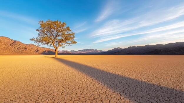 A lone tree in the middle of a desert with a shadow photo