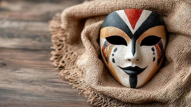 A mask is sitting on a wooden table photo