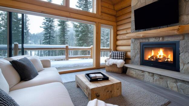 A log cabin with a fireplace and a couch photo