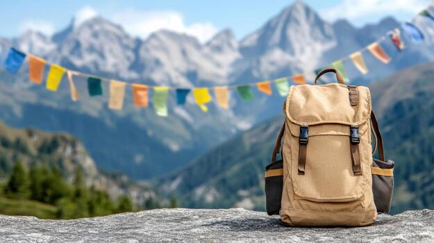 A backpack sits on top of a mountain with mountains in the background photo