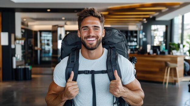 A man with a backpack is smiling and giving the thumbs up photo