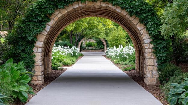 A walkway with an archway leading to a garden photo