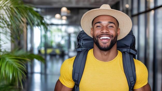 A smiling man with a backpack and hat photo