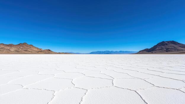 estéril sal plano debajo profundo azul cielo, exhibiendo único hexagonal patrones y distante montañas foto