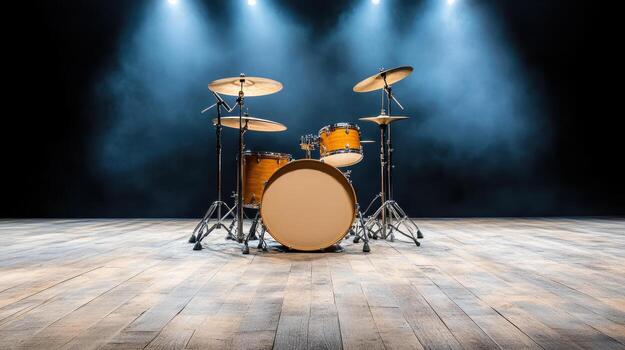 Drum set on empty stage with dramatic lighting and smoke effects, creating inviting atmosphere photo