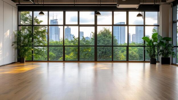 espacioso trabajo colaborativo zona con grande ventanas exhibiendo ciudad horizonte y verdor fuera de foto