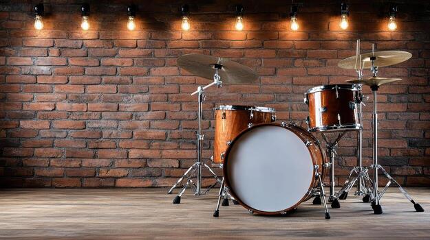 Drum set with wooden finish against brick wall, illuminated by warm lights, creating cozy photo