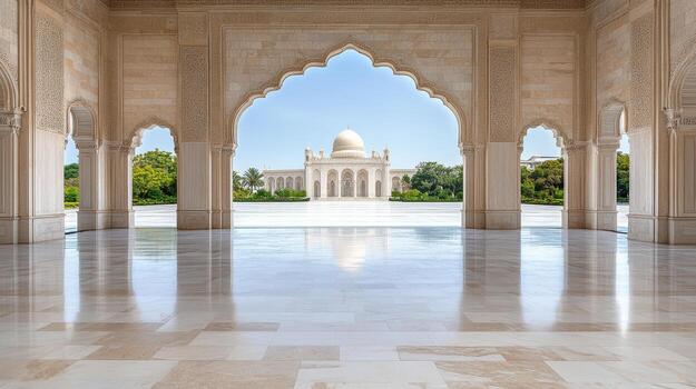 Majestic archways frame serene view of grand building with dome, surrounded by lush greenery photo