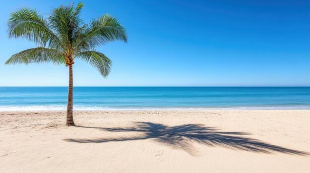 Serene beach scene featuring palm tree casting shadow soft sand, with clear blue skies and calm photo