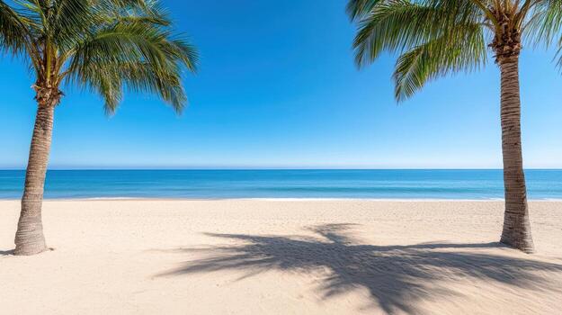 Serene beach scene featuring palm trees casting shadows soft sand, with clear blue sky and calm photo