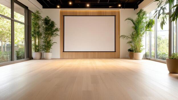 Empty room with wooden floor and large screen photo