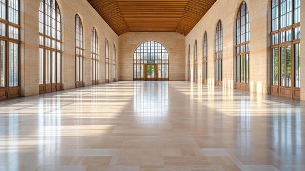 Empty hall with large windows and white floor photo