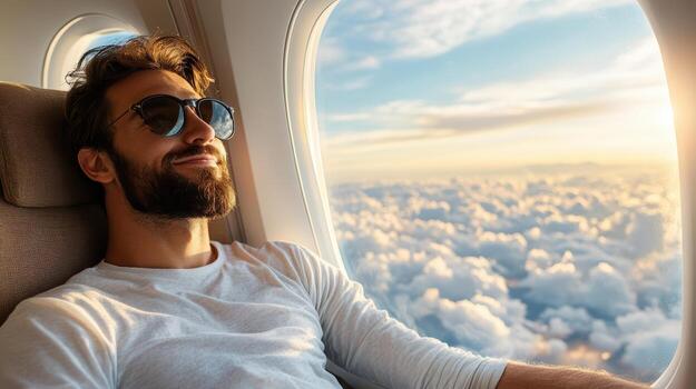 A man in sunglasses is looking out the window of an airplane photo