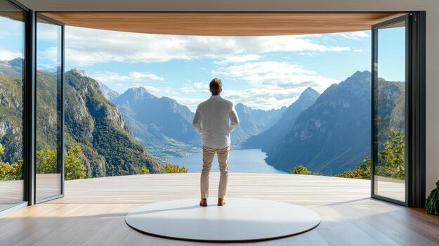 A man standing in front of a large window looking out at a view of mountains photo