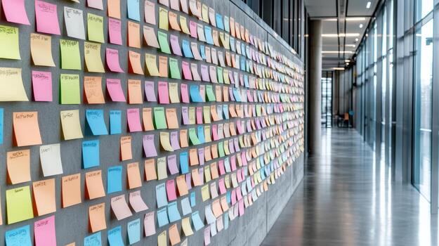 Post-it notes on the wall of a hallway photo