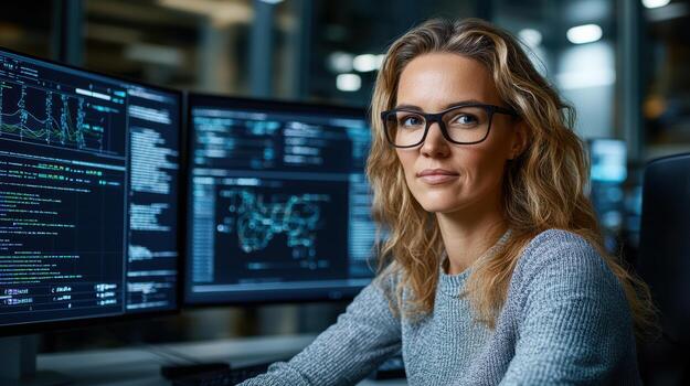 A woman in glasses sitting in front of two computer monitors photo