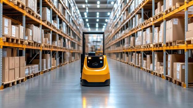 A yellow and black robot is in a warehouse photo