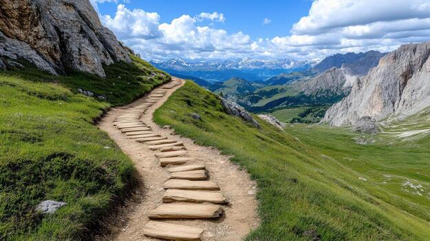 A path leading up to a mountain range with grass and rocks photo