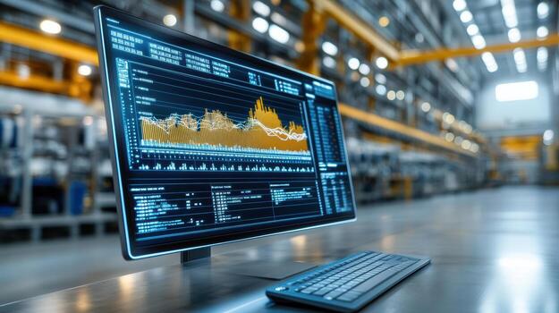 A computer monitor with a graph on it in a factory photo