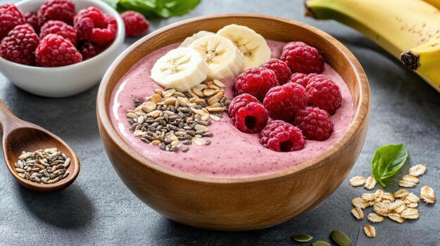 Raspberry smoothie bowl with bananas, raspberries and seeds photo