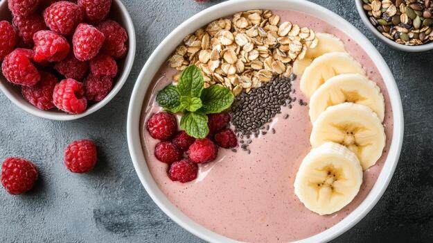 Raspberry smoothie bowl with bananas, raspberries and chia seeds photo