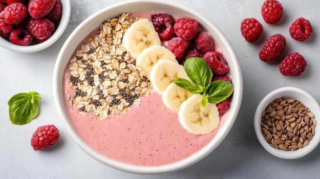 Raspberry smoothie bowl with oats, bananas, raspberries and seeds photo