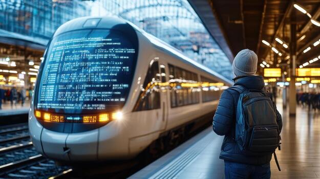 A man standing in front of a train with a screen on it photo