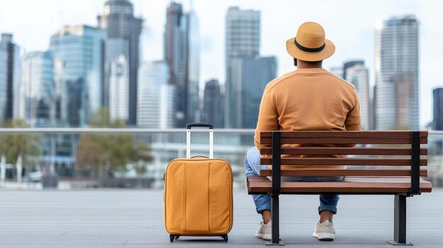 A man sitting on a bench with a suitcase photo