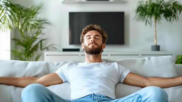 A man is relaxing on a couch in front of a tv photo