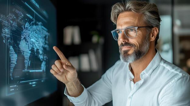 A man in glasses pointing at a world map on a screen photo