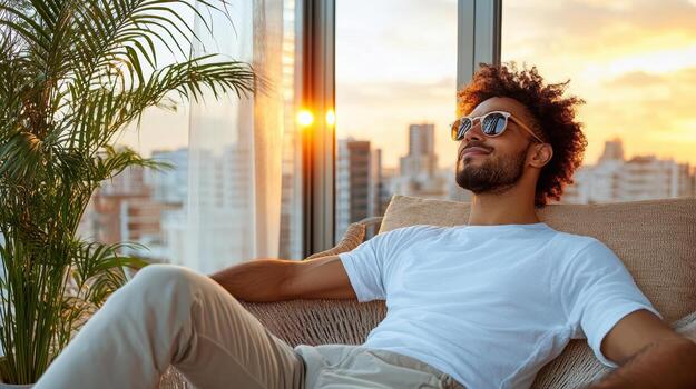 un hombre en Gafas de sol sentado en un sofá con un ciudad ver foto