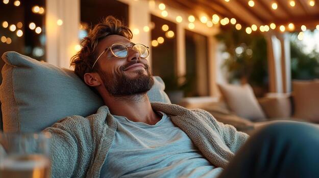 A man with glasses and a sweater is relaxing on a patio photo