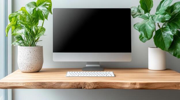 A computer monitor, keyboard and mouse are on a wooden desk photo