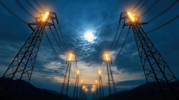 Electricity pylons at night with clouds in the background photo
