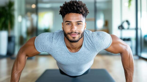 A man is doing push ups on a mat photo