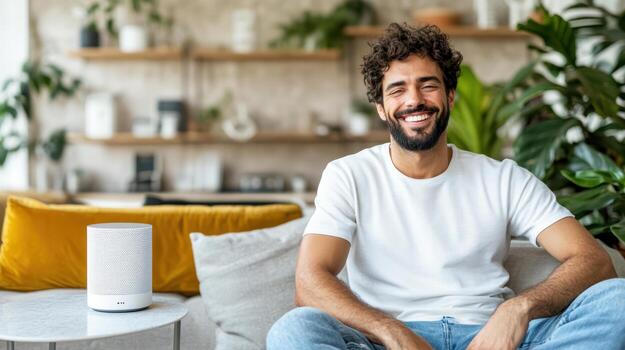 Smiling man sitting on couch with smart speaker photo
