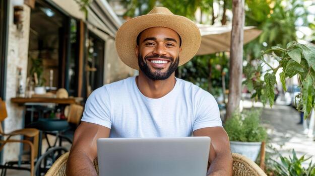 A smiling man in a hat sitting at a table with a laptop photo