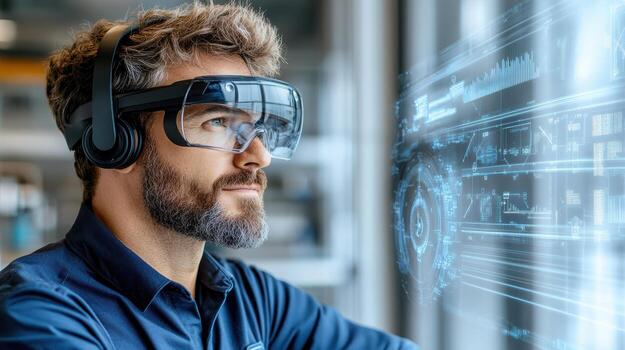 A man wearing glasses and looking at a virtual interface photo