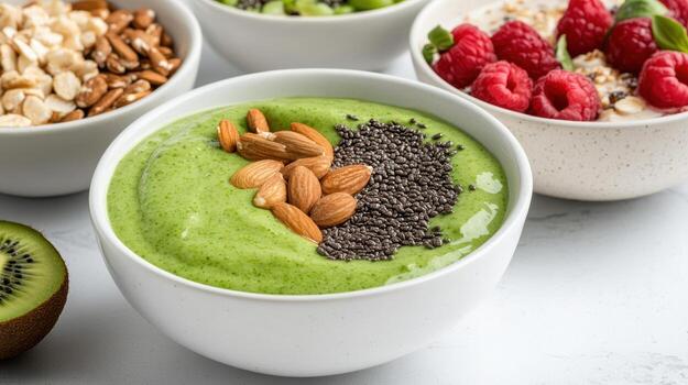 Green smoothie bowl with almonds, raspberries and chia seeds photo